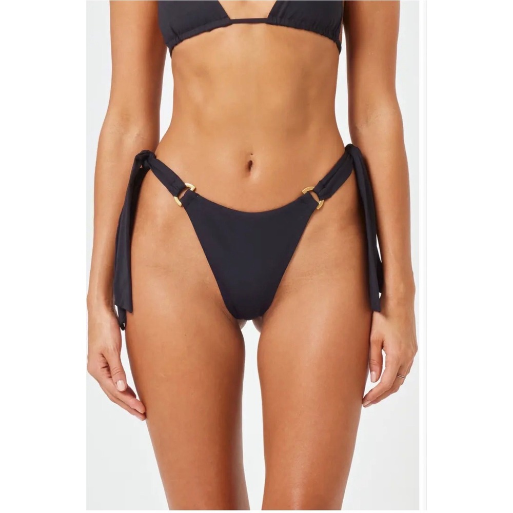 L*Space Womens Tanga Cut Bikini Bottom Black Gold Hardware Side‎ Tie XL NEW